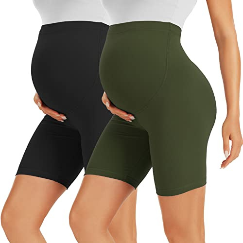 BONVIGOR Mammakort över magen graviditet motorcykelshorts träning yoga aktiv atletisk gravida byxor pyjamas, 2-pack-svart/olivgrön, L