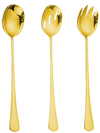 ARFUKA Salatbesteck Salat Servierset 3-teiliges Salatlöffel und Salatgabel Set 28cm Servierbsteck aus Edelstahl Gold