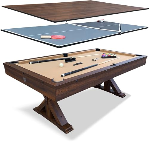 Freetime Fun 7 FT 3 in 1 Multi Game Pool Table with Dining Top Pool Table Ping Pong Table Combo, Includes Accessories and Tennis Paddles.