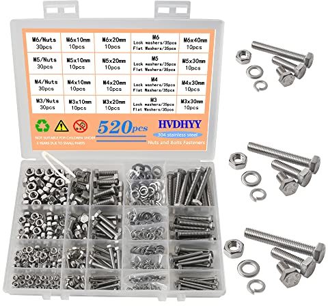 HVDHYY Juego de tornillos y tuercas M3, M4, M5, M6, tornillos hexagonales DIN 933, A2-70, acero inoxidable, arandelas, ranuras y pernos, 16 tamaños, con caja de almacenamiento, 520 unidades