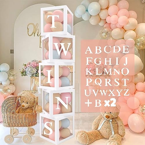 5Pcs Balloon Boxes with 54 Letters, Boy Girl Baby Shower Decorations Boxes,2sets of BABY+A-Z Letters, 25cm Custom NAME Balloon Box for Birthday Party with Numbers, Christening, Letter Cubes Party