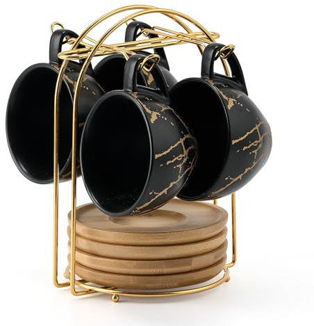 LUKA Ceramic Demitasse Espresso Cups Set with Saucers and Metal Stand, 8 oz Porcelain Stackable Cappuccino Cups Teacup For Tea, Espresso, Latte, Coffee, Cafe Mocha, Set of 4, Black