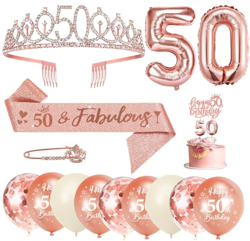 50 Anni Decorazioni Compleanno Donna, 50° Fusciacca e Diadema Oro Rosa Compleanno, Happy Birthday Cake Topper, Candele di Compleanno Numero e Palloncini, Regalo Donna 50 Anni