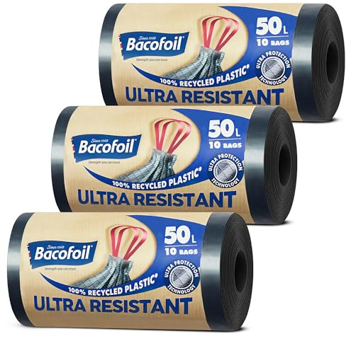 Bacofoil Ultra Resistant Bin Liners with Drawstring Handles 50L - Leak-Proof and Tear Resistant Bin Bag with Ultra Protection Technology (3 Rolls, 30 Bags)…