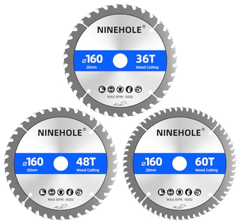 Ninehole 3pcs Hoja de Sierra Circular 160 x 20 mm 36/48/60 dientes, TCT Disco de Corte para Madera, Madera Contrachapada, Paneles de Yeso, Laminado, Plástico