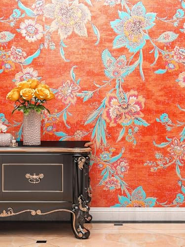 FunStick Klebe Tapete Selbstklebend Blumen Orange Rot Aquarell Selbstklebende Folie für Möbel Vintage Schrank Klebefolie Möbel Orange Muster Tapete Schlafzimmer Blumen Tropisch Tapeten Wand 44.5CM×3M