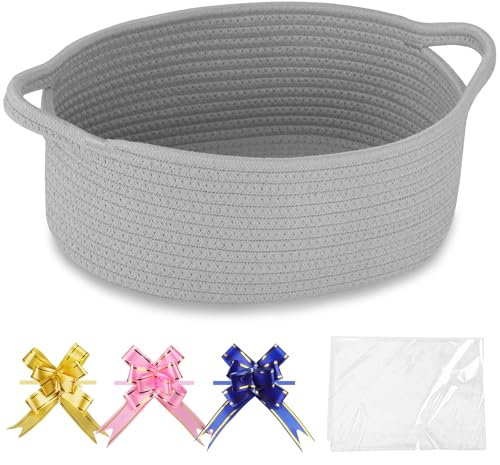 COMSE Small Woven Basket with Gift Bags and Ribbons, Gift Basket Empty, Nursery Organisers Storage for Baby Toy, Cotton Rope, 30.5 x 20 x 13 CM, Cool Grey