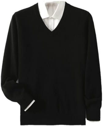 ERFMFKL Maglione da uomo in 100% lana merino, con scollo a V, a maniche lunghe, da lavoro, Nero , XL