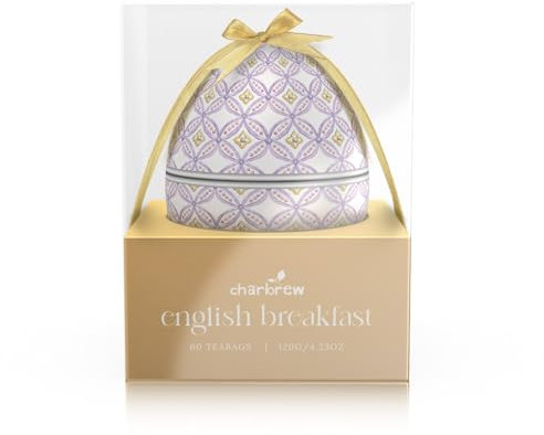 Charbrew Egg English Breakfast Filled Egg Shaped Metal Tea Tin Gift Set – 60 Teabags Black Tea