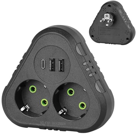 Anluomafuy Multiprise Electrique (10A/2500W), Multiprise 2 Prises avec 2 Ports USB, 1Type-C, Bloc Multiprise Parafoudre et Surtension, Extension de Prise d'alimentation Sécurisée (Noir)