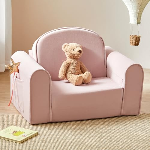 Tiny Land 2-in-1 Foldable Kids Couch with Pockets – Soft Thick Toddler Sofa, Lounger Couch, Convertible Kids Chair for Playroom, Bedroom or Living Room, Gift for Boys & Girls (Pink)