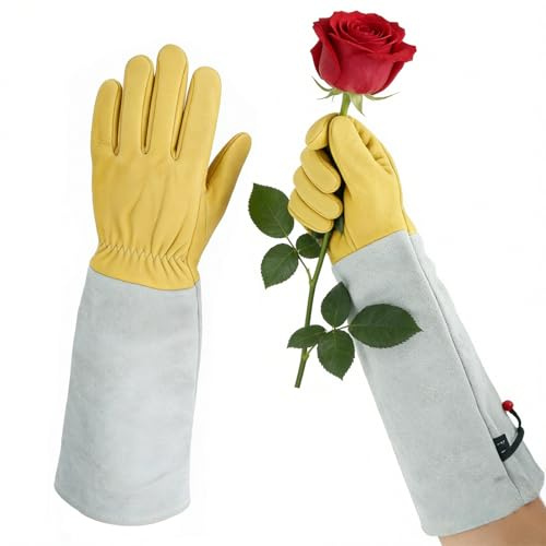 Zyiphor Guanti da Giardinaggio in Pelle Bovina a Prova di Spine per Rose Lunghi con Protezione Avambraccio Regolabili e Traspiranti per Agricoltori e Appassionati del Giardinaggio, Taglia L
