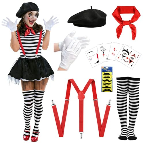 GEEKEO Disfraz Mimo Mujer Carnaval - Disfraz de Payaso Circo 10 Piezas que Boina, Tirantes Ajustables, Guantes y Medias Carnaval Accessorie Mujer Hombres Disfraces Cosplay Carnaval Fiesta Temática