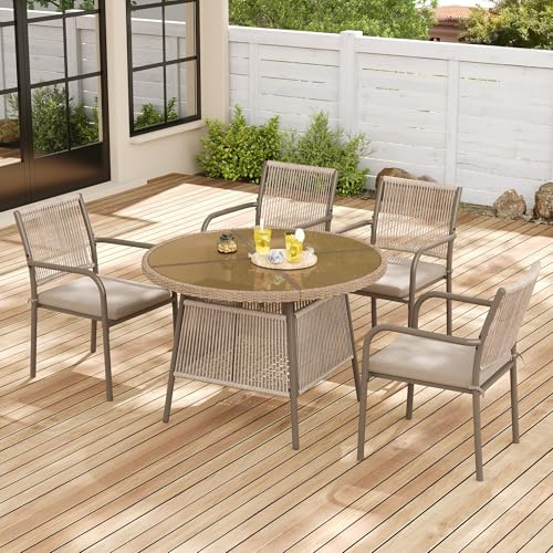 Huayz Juego de muebles de jardín de ratán de 5 piezas con mesa redonda de cristal y 4 reposabrazos, estructura de hierro, adecuado para terraza, balcón, jardín (marrón)
