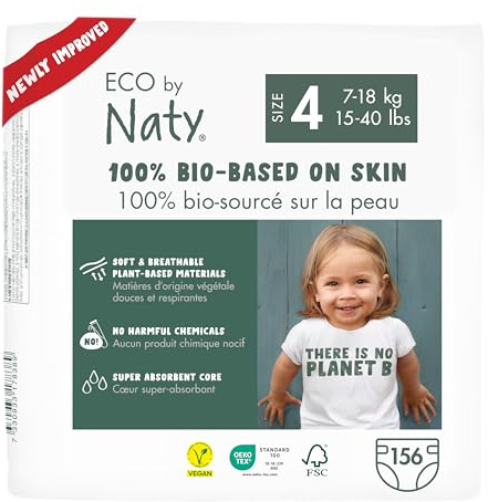 Eco by Naty Pañales para bebés: pañales ecológicos de origen vegetal, ideales para la piel sensible del bebé y ayudan a prevenir su pérdida (talla 4, 156 unidades)