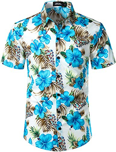 JOGAL Herren Blumen Kurzarm Baumwolle Hawaii Hemd Medium BlauHibiskus