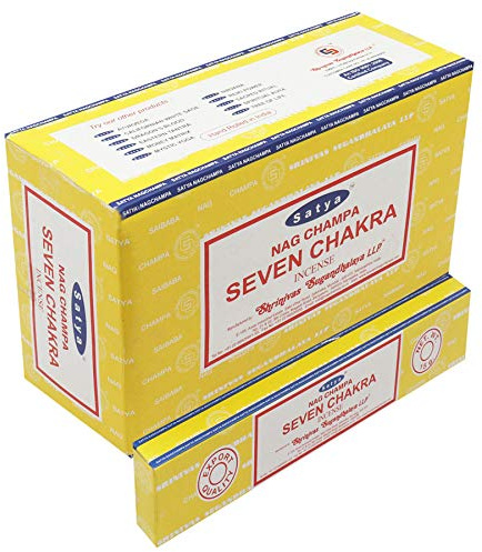 SATYA Nag Champa Seven Chakra Agarbatti | Varillas de incienso Masala enrolladas a mano | 12 paquetes de 15 gramos cada uno en una caja | Producto de calidad de exportación