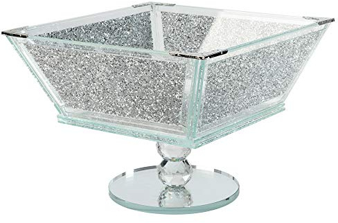 London Boutique Kristall extra stor fruktskål mittdel förvaring gnistrande krossad diamant fylld silver metallram fyrkantig form 18 cm höjd