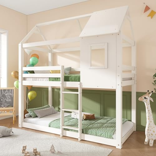 LTGB 3FT Tree House Bed, Kids Bed Frames Bunk Bed with Safety Guardrail, Convertible Ladder Window, Suitable for Kids Boys Girls Teens, White - 2022 New【UK Fast Delivery】