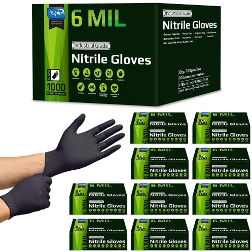Inspire HEAVY DUTY 6Mil ORIGINAL Quality Stretch Nitrile Gloves Black Disposable Latex Free | Food, Industrial, Mechanic Tattoo (6Mil Black, Medium)