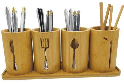 AYAMAX Lot de 4 porte-couverts en bambou avec plateau en bambou | Support décoratif pour couverts de cuisine | Organiseur d'ustensiles de cuisine