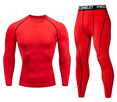 Mymyguoe Ropa interior térmica para hombre, conjunto de camiseta de compresión + pantalones, manga larga, secado rápido, fitness, entrenamiento, gimnasio, yoga, cálido, suave y funcional, rojo, M