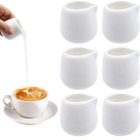 CONNECTION Mini Bricco Latte 6 Pezzi Mini Brocca per Latte in Ceramica 50 ml Piccole Brocche per Latte Porcellana Mini Lattiera senza manico Bricco Latte Professionale per Caffè,Succo (Bianco)