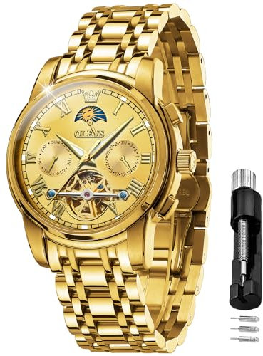 OLEVS Gold Herrenuhren Automatik Mechanische Edelstahl Mondphase Wasserdicht Datum Leuchtend Tourbillon Armbanduhr für Männer