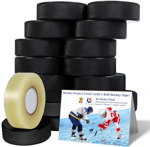UNBEATABLE ENERGY Hockey Pucks 15 Pack （with 1 Roll Hockey Tape） Official Hockey Pucks for Practicing and Classic Training, Ice Hockey Pucks Diameter 3, Thickness 1, 6oz, Black Hockey Pucks Bulk