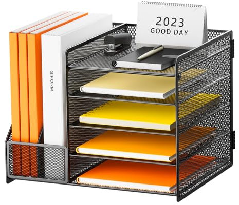 Restorgan Desk Organiser with File Holder, 5-Tier Paper Tray Organiser, Mesh Desk File Organiser with Magazine Holder for Home Office Supplies (Black)