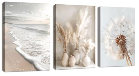 3 Pcs Modernos Cuadros Decorativos Boho Playa Paisaje Cuadros Beige Juncos Pampa Plantas Diente de León Lienzo Cuadros Decorativos Salón Dormitorio Decoración de Pared Listo Para Colgar 40x60cmx3Pcs