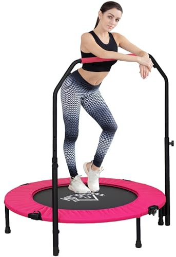 HOMCOM 40 Foldable Mini Trampoline, Fitness Rebounder Exercise Trampoline for Adults with U-Shaped Adjustable Foam Handle, for Home Workout, Indoor Outdoor Cardio Training, 150kg Capacity, Pink