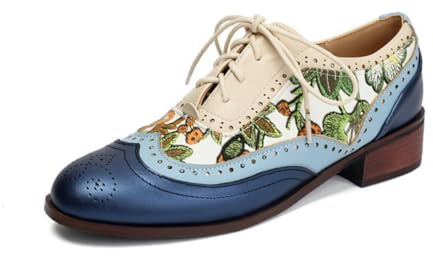 Dam vintage Brogue Oxfords etnisk broderi rund tå skor med snörning stängning tjock låg klack casual platta skor, BLÅ, 41 EU