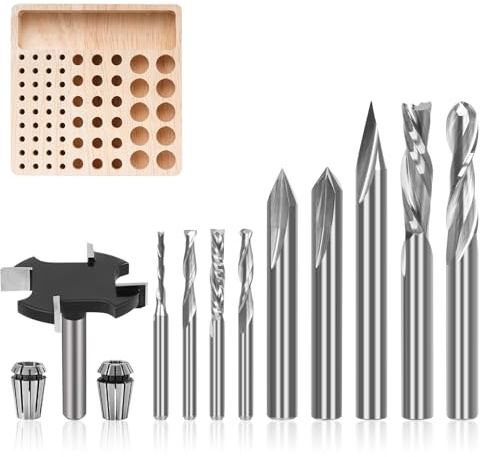 10-Piece CNC Router Bits Set, Carbide Multiple Uses Router Bits for Woodworking Detail Carving Resin Lettering Sign Making Trimming V Groove Engraving, with Storage Rack