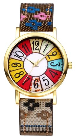 OIDEA Damen Armbanduhr Boho Hippie: Vintage Bunt Braun Stoff Armband aus Leder Analog Quarz mit Großer Arabischer Zifferblatt Gold Zeiger Geschenk für Frauen Freundin Mädchen