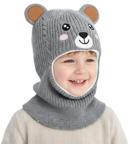 AYPOW Bonnet Cagoule Enfant Fille Garçon 4-8 Ans, Tricot Bébé Bonnet Cache-Cou Ensemble Hiver Chapeaux Écharpe Capuche Thermique Doux Doublé en Polaire Cache Oreilles pour Tout-Petit Plein Air