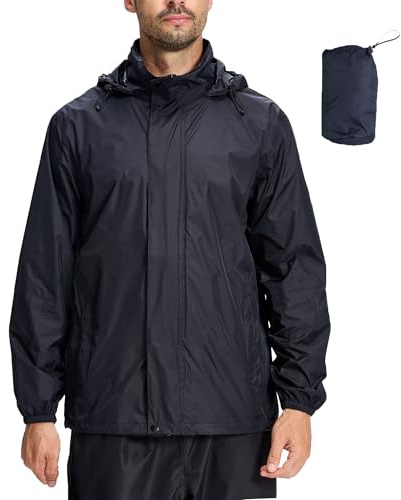 LZLER Mens Waterproof Jackets Lightweight Packable Windproof Rain Jacket Adjustable Hooded Raincoat for Outdoor Hiking Fishing Camping(Black,L)