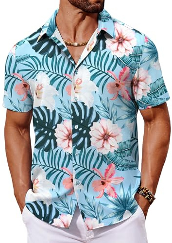 COOFANDY Hawaiianska skjortor för män kortärmad sommarskjortor semesterskjorta för män button down aloha skjorta, Blommigt ljusblått, XXL