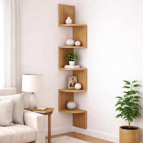 spot on dealz® 5 Tier Corner Shelves for Wall Oak Floating Shelf Corner Unit for Living Room Hanging Bookshelf Wall Shelves Display Wooden Spiral Shelving Rack