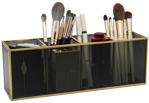 HARLIANGXY Contenitore per Pennelli da Trucco, Contenitore per Cosmetici in Vetro Nero, Organizzatore di Trucco, Organizzatore Cosmetico, 26 x 7 x 9 cm