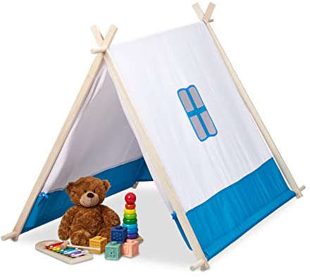 Relaxdays Spielzelt für Kinder, flach, mit Fenster & Tür, HBT: 92 x 86 x 120 cm, Wigwam Kinderzelt, Indoor, blau/weiß