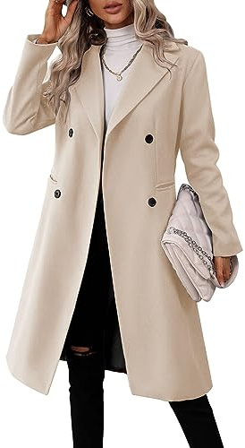 Danedvi Womens Long Double Breasted Coats Lapel Collar Wool Blend Pea Coat Winter Slim Fit Jackets Trench Coat Outwear