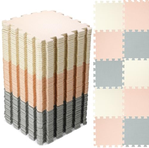 Nuanchu 60 PCS Kids Foam Puzzle Floor Mat Bulk - Solid Color Foam Play Mat with Borders Interlocking Multi Use Floor Rug for Children, 12 Inch(White, Cream, Gray)