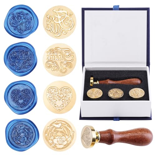 KEESIN Wachs Stempel Set,4PCS abnehmbare Wachs Siegel Stempelkopf und 1 PCS Holzgriff Wachs Stempel Set Siegel Stempel Kit für kreative Geschenk, Umschläge Einladungen Karten Hochzeit Einladung