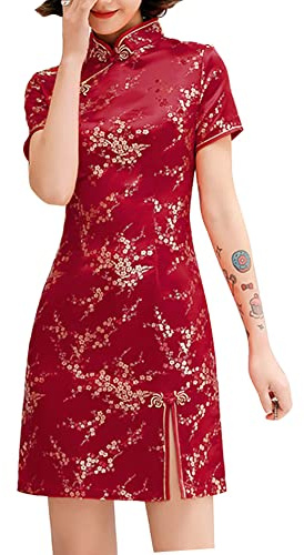 Cheongsam Costume Short Sleeve Print High Slit Side Traditional Chinese New Year Party Bodycon Maxi Dress, 146-3-wine Red, L
