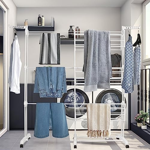 Etendoir à Linge Pliable Séchoir à vêtements Mobile Grand Séchoir à Linge Pliable à 4 Niveaux Peu encombrant Séchoir à vêtements Tower Sèche Linge Gros avec Ailes Latérales Extensible-Blanc
