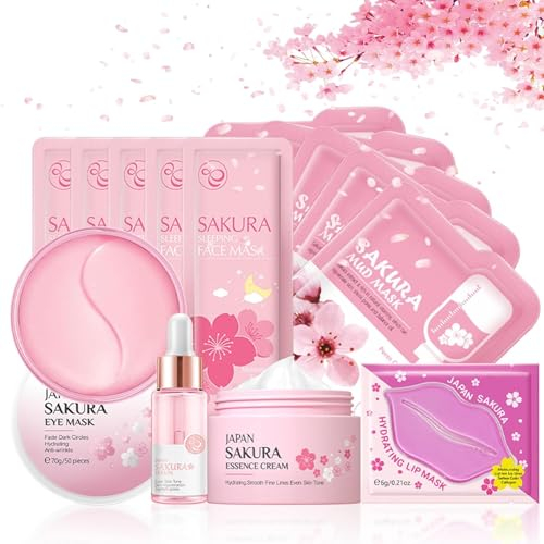 6PCS Sakura Serum für Pamper Geschenke für Frauen mit Feuchtigkeit erfrischende Hautpflege Sets für Kits -Gesichtsserum, Gesichtscreme, Schlafmaske, Augenmaske, Schlammmaske, Lippenmaske (S)
