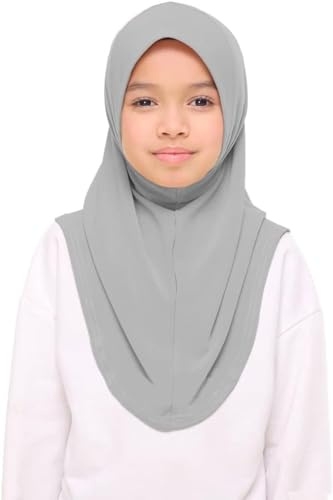 Flickor enkel islamisk hijab, barn omedelbar huvudduk färdig dra på halsduk, inga nålar behövs, lätt mjuk och hållbar, perfekt för alla tillfällen skola, barnkammare, sport, bön hijab, Grå, en storlek