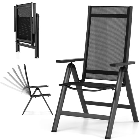 GOPLUS Chaise de Jardin Exterieur avec Dossier Réglable en 7 Positions, 73 x 58 x 107 CM, Fauteuil de Jardin Exterieur avec Accoudoir, Pliante et Portable, en Aluminium, Idéal pour Terrasse, Patio