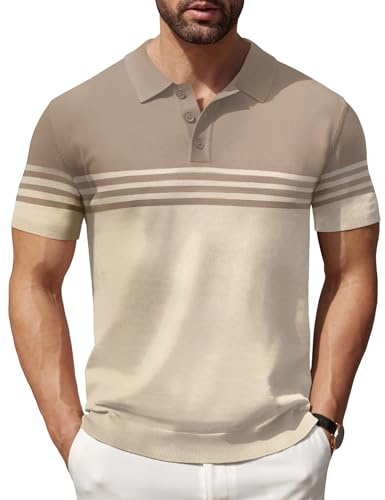 COOFANDY Mens Striped Polo Shirts Short Sleeve Striped Textured Pullover Golf Polo T Shirts, Khaki and Beige, Large